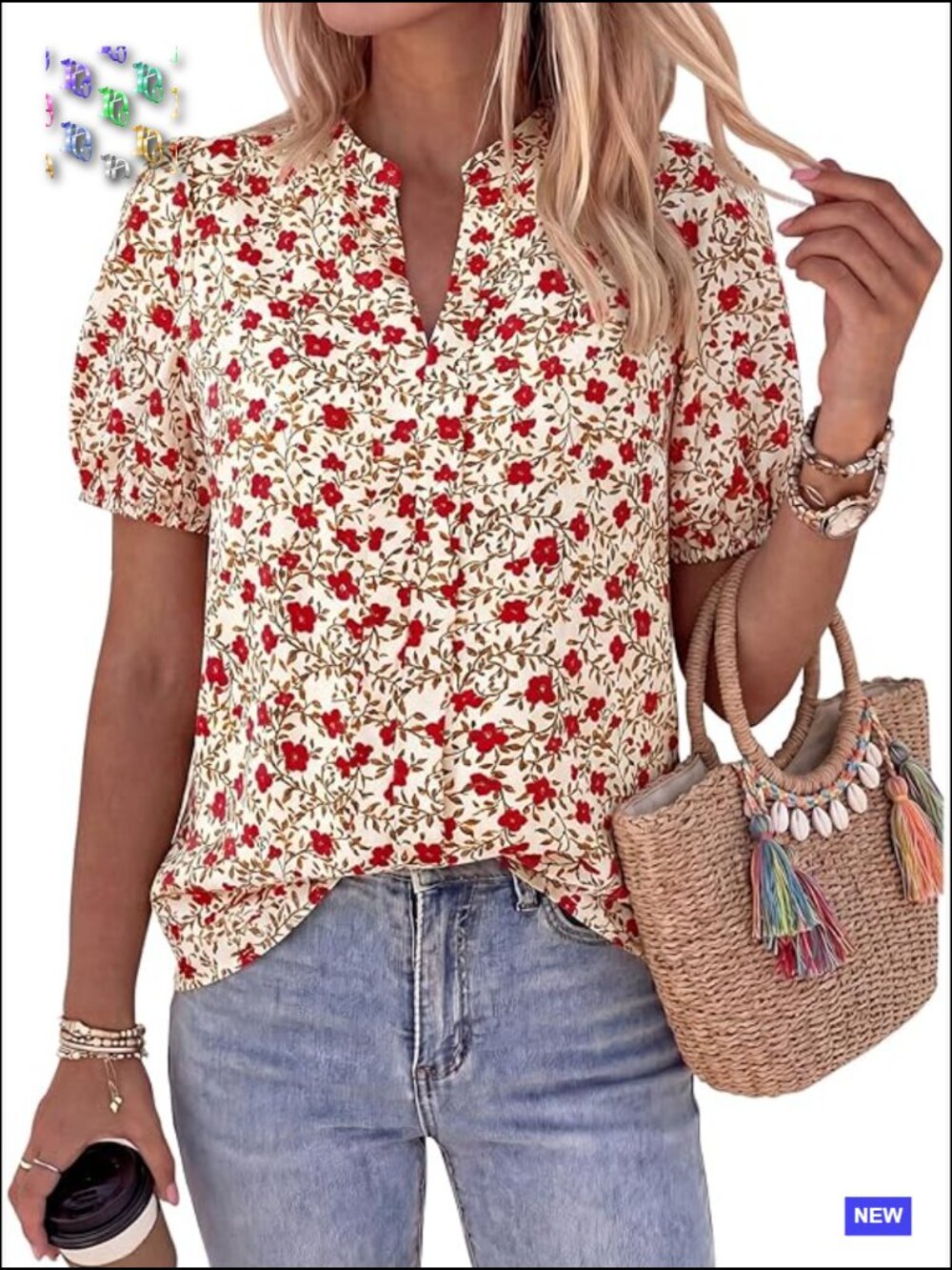 Puff Sleeve V Neck Floral Satin Tunics Loose Fit Summer Work Blouses Dressy Tops